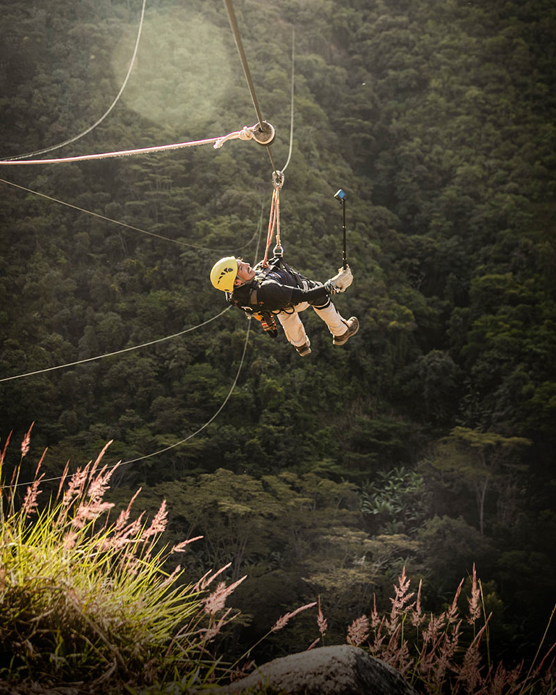 Tourist ziplining on the Inca Jungle Trek