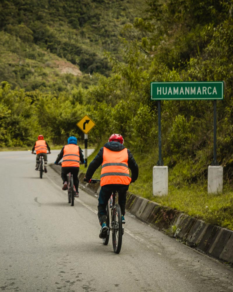 Group cycling on the Inca Jungle Trek