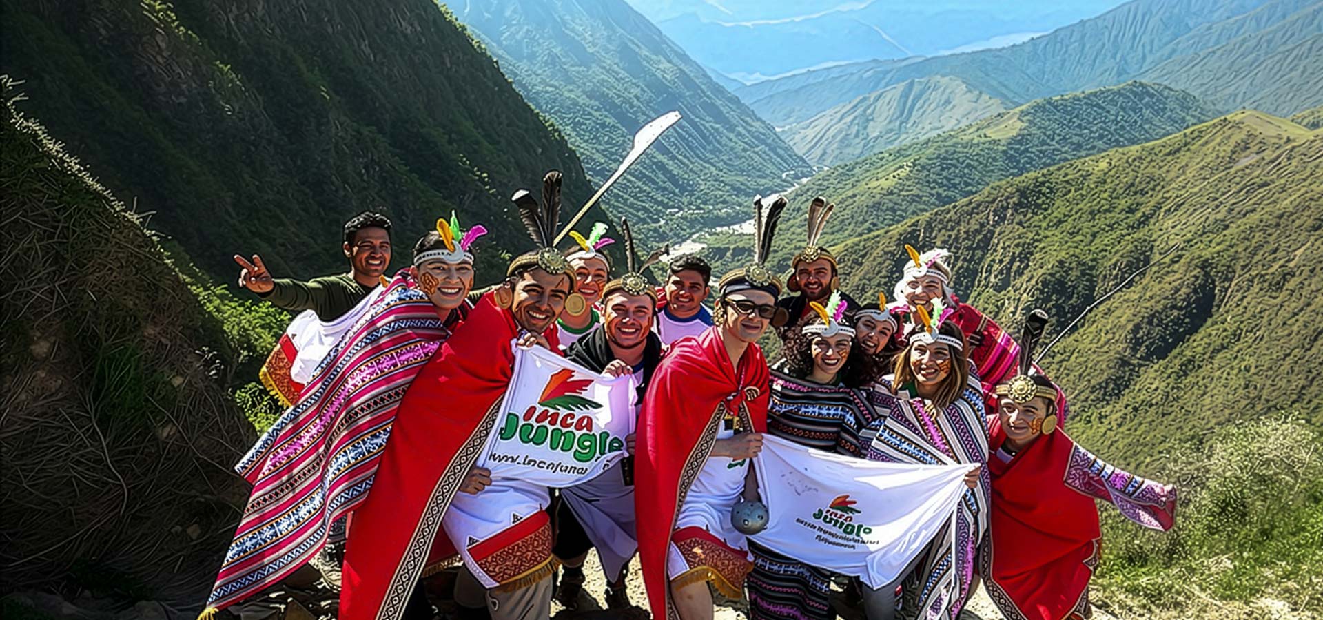 Group of tourists with mountains in the background on the Inca jungle trail