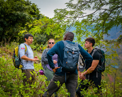 Group of tourists on the Inca Jungle Trek to Machu Picchu