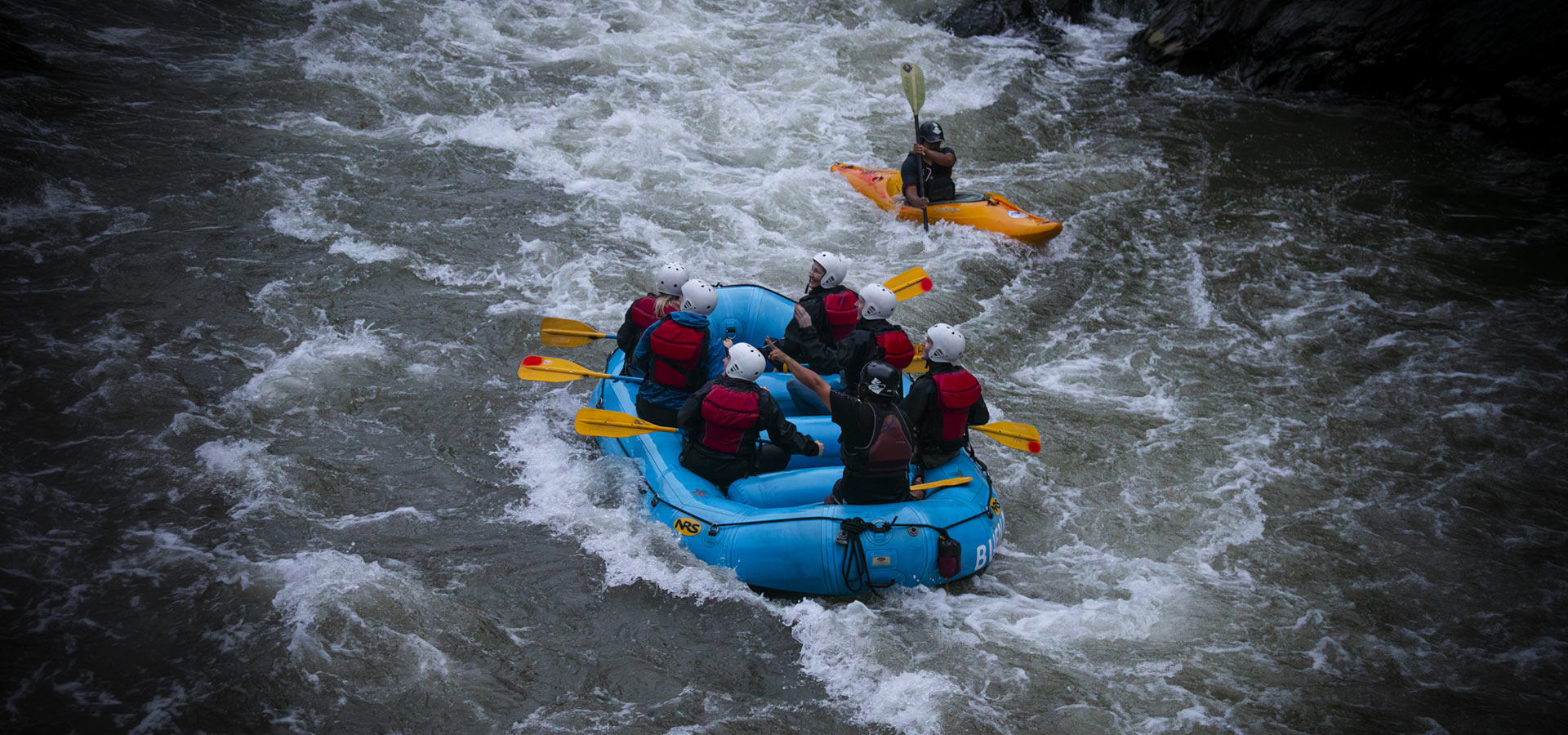 Group of tourists rafting on the Inca Jungle route to Machu Picchu